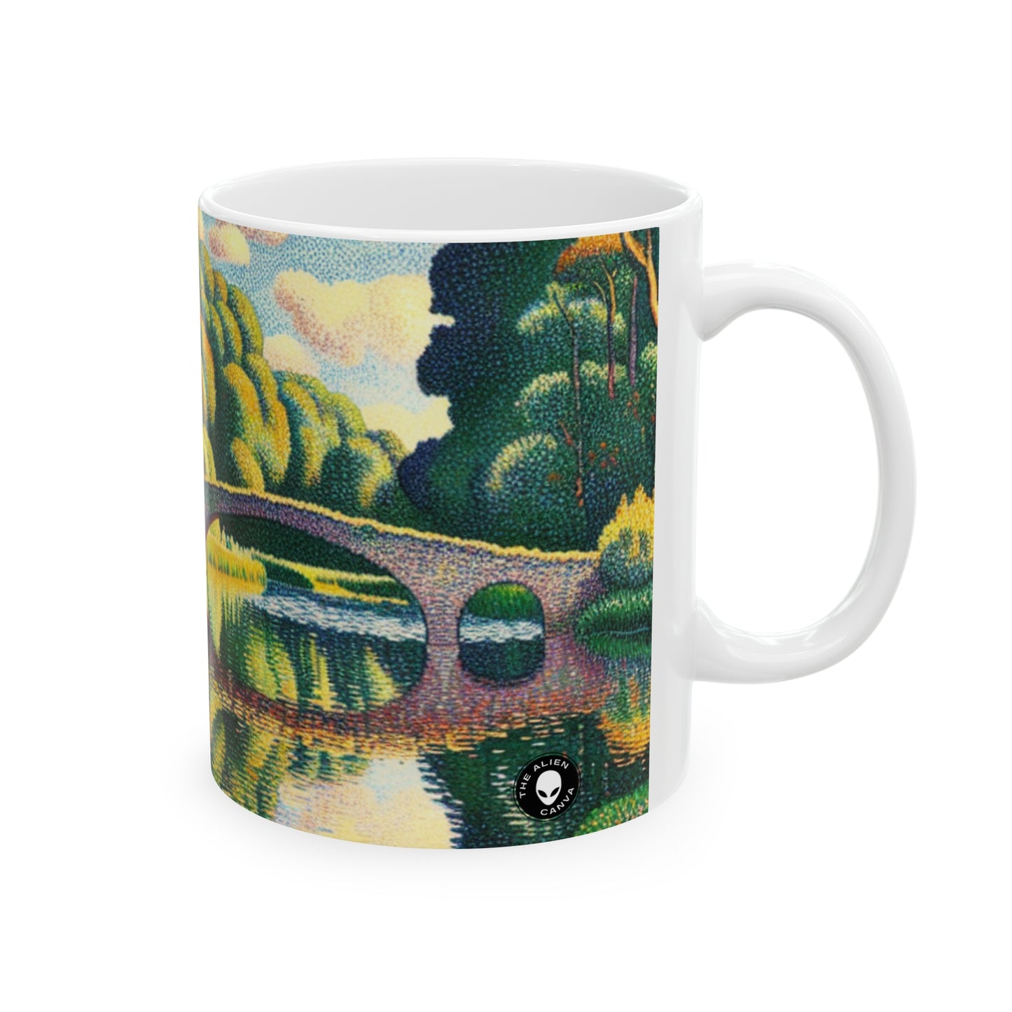 "Tranquil Sunset: A Pointillism Landscape" - The Alien Ceramic Mug 11oz Pointillism