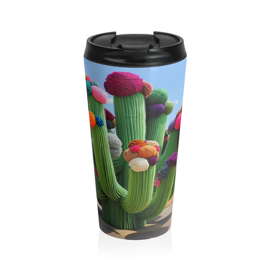 "Cactus remplis de fil dans le ciel" - La tasse de voyage en acier inoxydable Alien style Yarn Bombing (Fiber Art)