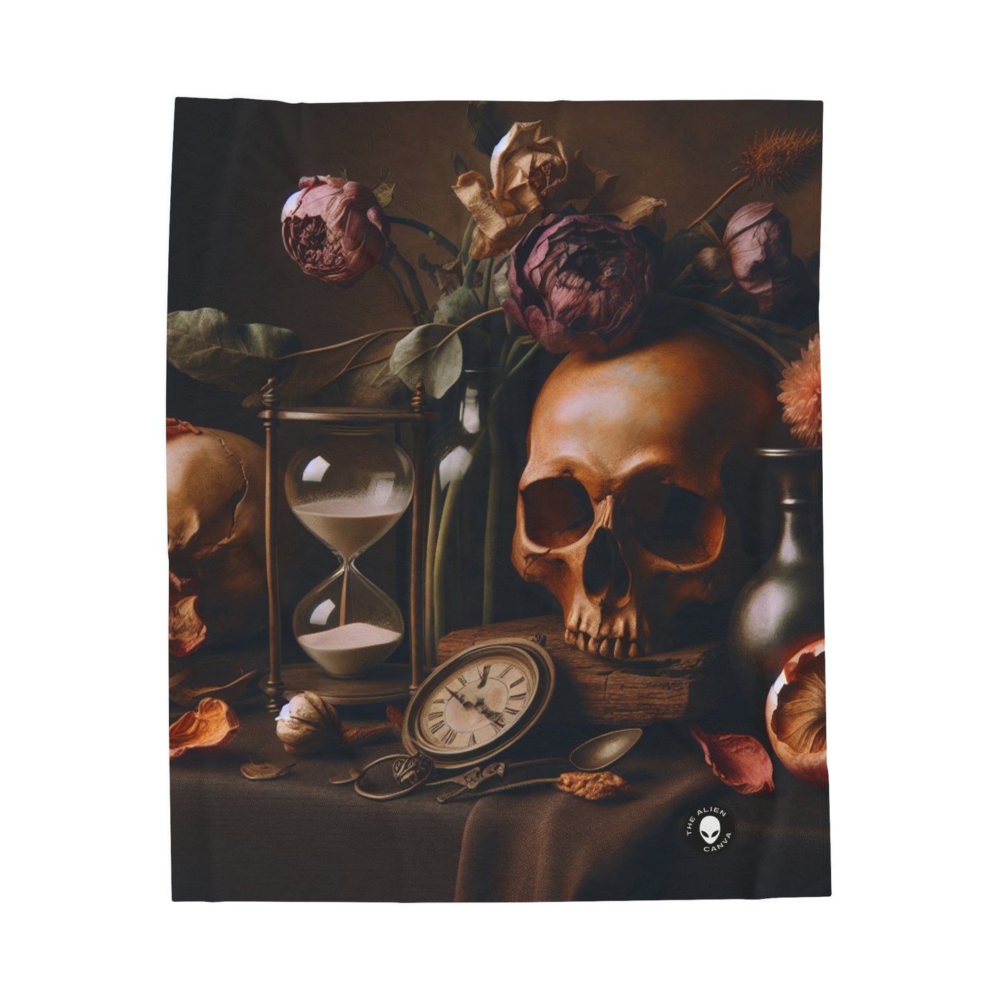 "Belleza fugaz: una vibrante pintura de Vanitas que representa el paso del tiempo y la naturaleza transitoria de la vida" - The Alien Velveteen Plush Blanket Vanitas Painting