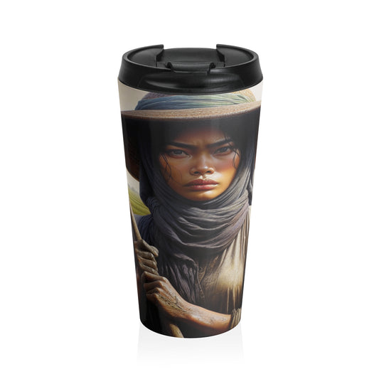 "Farmer in the Fields: A Weathered Reflection" - The Alien Stainless Steel Travel Mug Realism