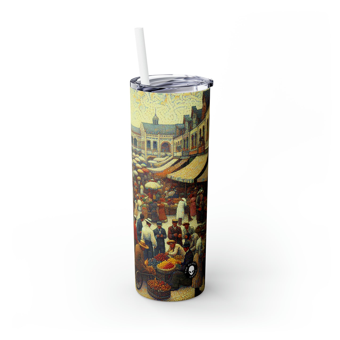 "Dots of Paradise : Capturer un paysage de plage ensoleillé avec le pointillisme" - The Alien Maars® Skinny Tumbler with Straw 20oz Pointillism