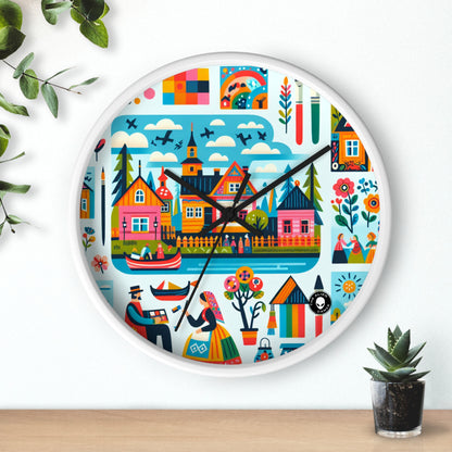 "Whimsical Village: A Folk Art Fairytale" - El reloj de pared alienígena Arte popular