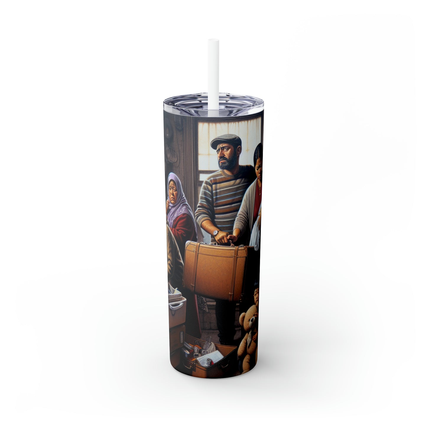 « Déraciné : un portrait de déplacement » - The Alien Maars® Skinny Tumbler avec paille 20oz Réalisme social