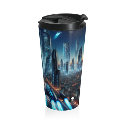 "Neon Skyline: Future Cityscapes": taza de viaje de acero inoxidable de Alien