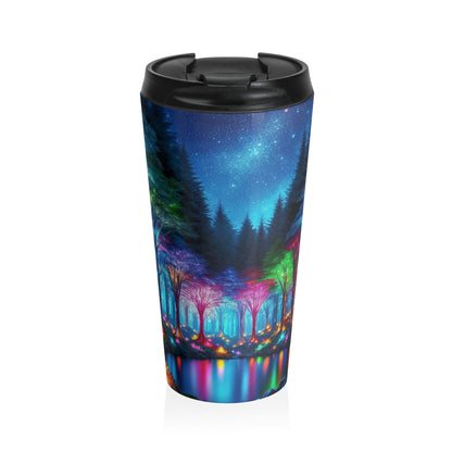 "Crystal Glow: El bosque encantado": taza de viaje de acero inoxidable de Alien