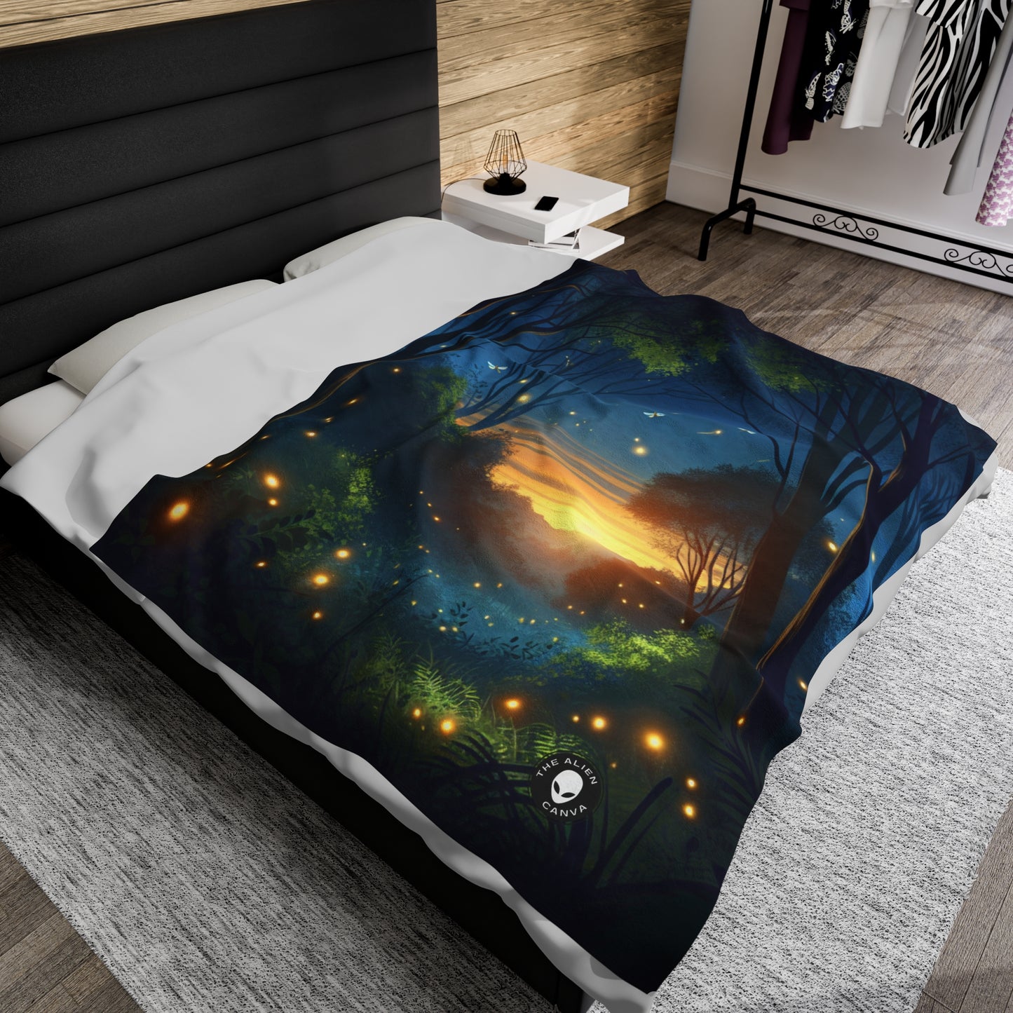 "Enchanted Dusk: Fireflies in the Forest" - The Alien Velveteen Plush Blanket