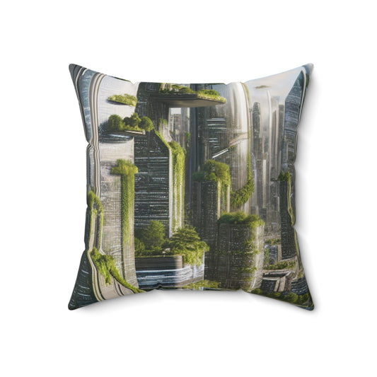 "Nature's Reclamation: A Futuristic Cityscape"- The Alien Spun Polyester Square Pillow