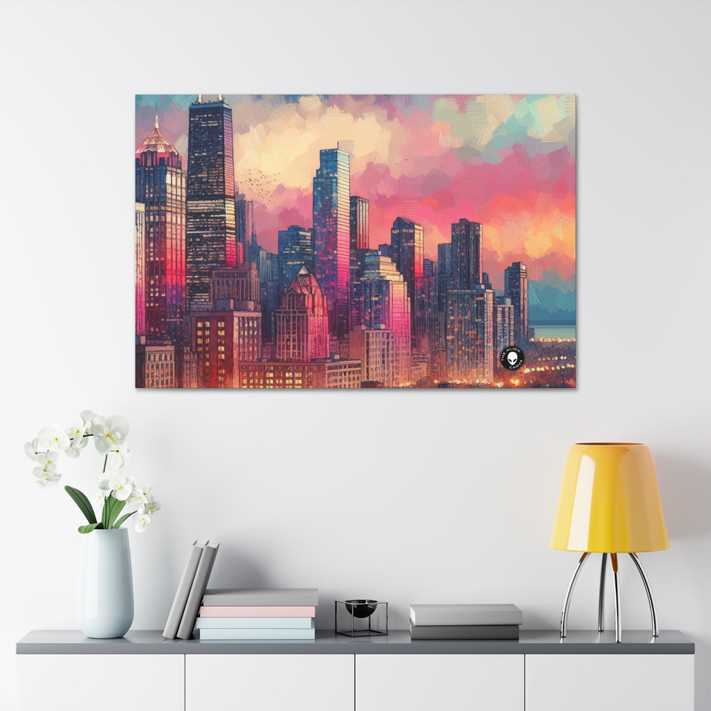 "Reflejos oscuros: horizonte de la ciudad al atardecer" - The Alien Canva