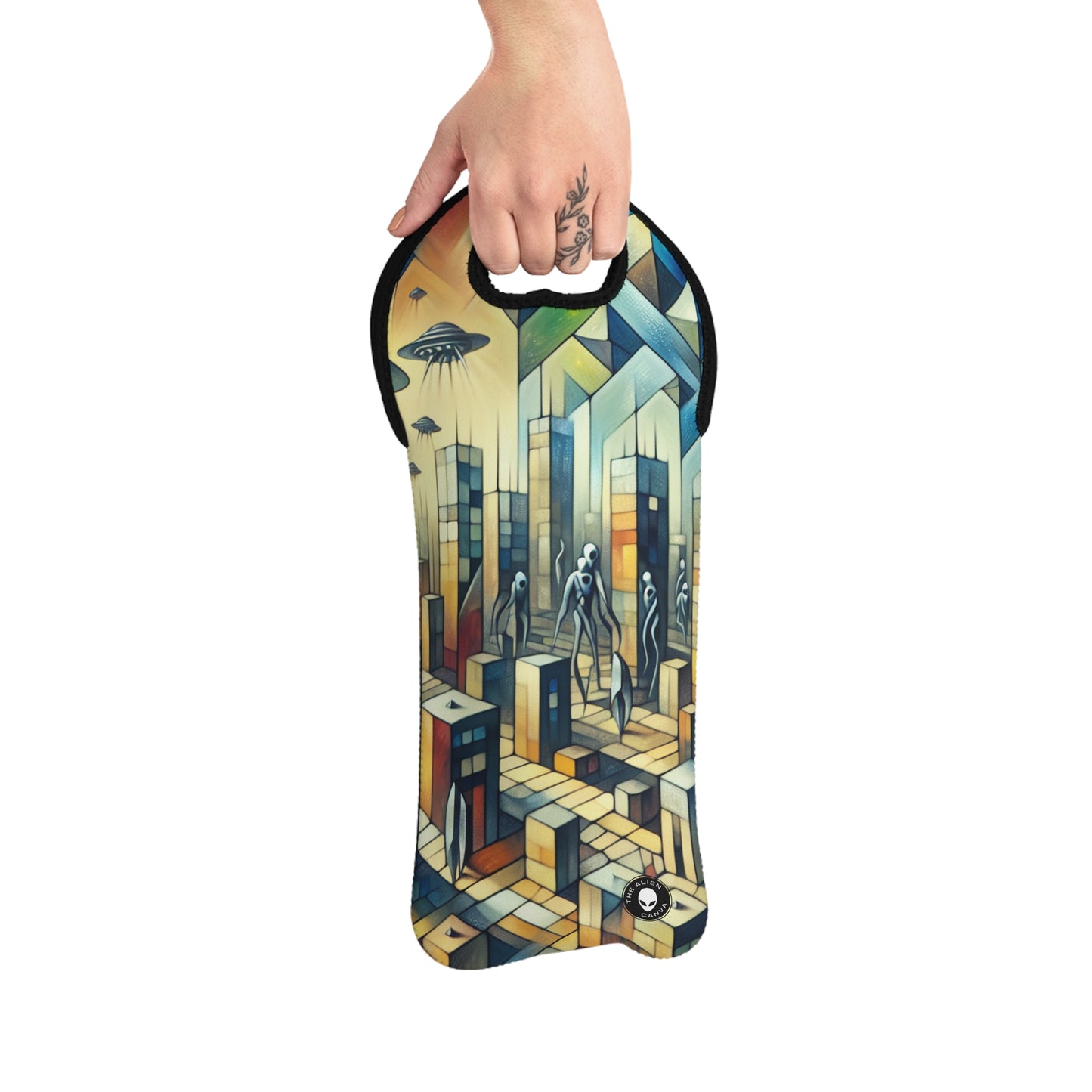 "Cubisme dans une ville futuriste envahie par des extraterrestres". - The Alien Wine Tote Bag Une ville futriste envahie par des extraterrestres dans un style artistique cubiste