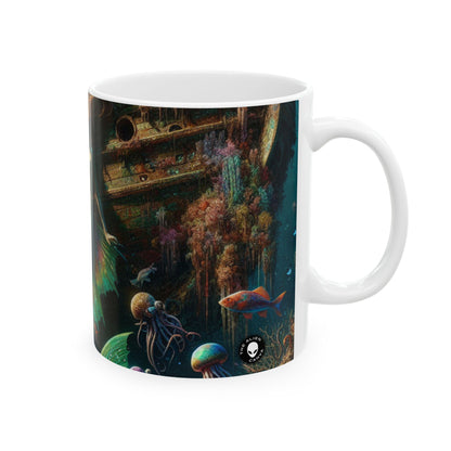 "El tesoro de la sirena: explorando el naufragio hundido" - Taza de cerámica alienígena de 11 oz