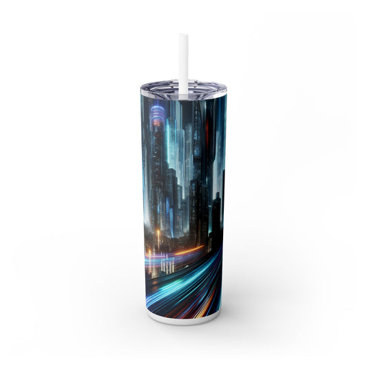 "Paisajes nocturnos de neón: una aventura urbana futurista" - Vaso delgado con pajita de 20 oz de Alien Maars®