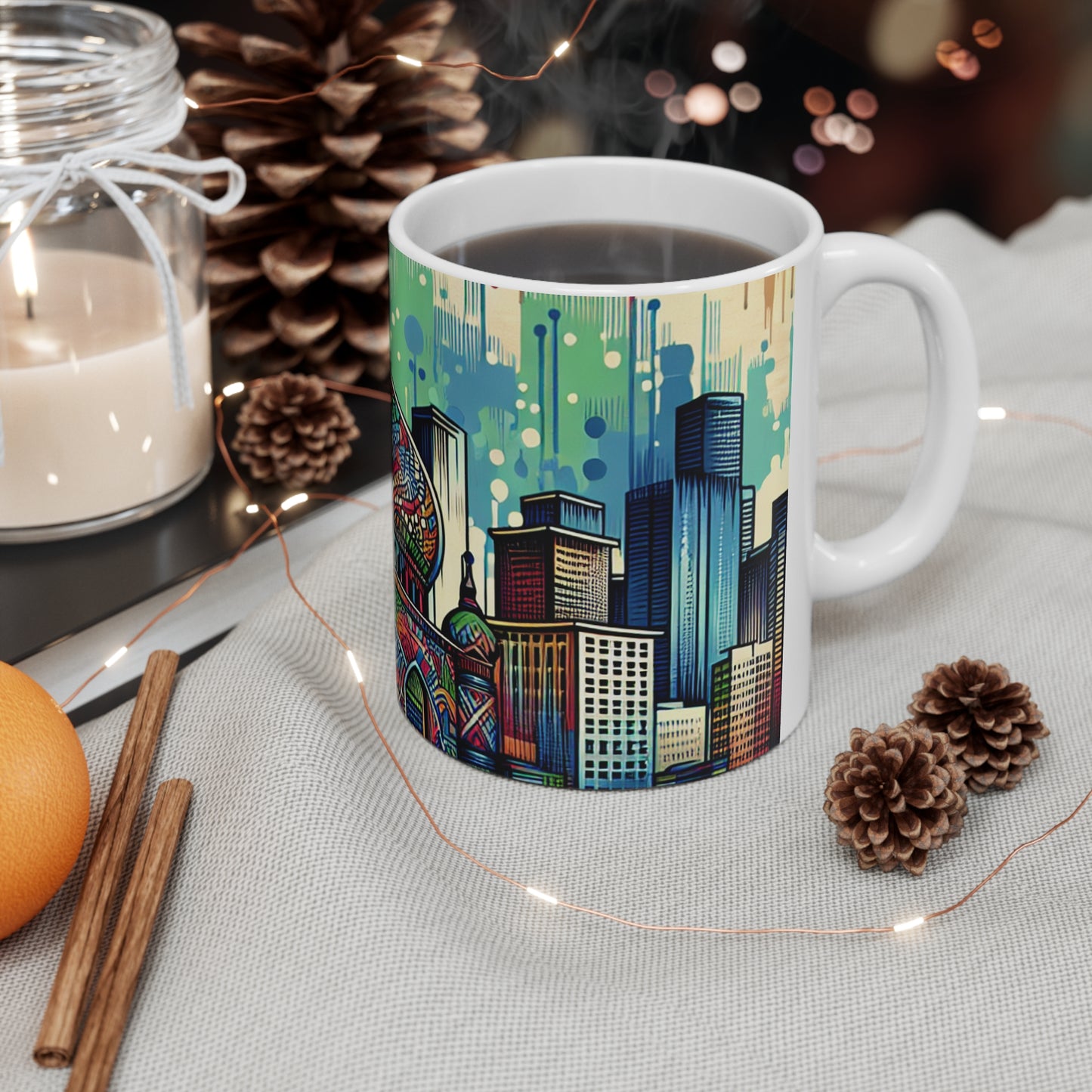 "Bright City: A Pop of Color on the Skyline" - The Alien Ceramic Mug 11oz Street Art / Graffiti Style