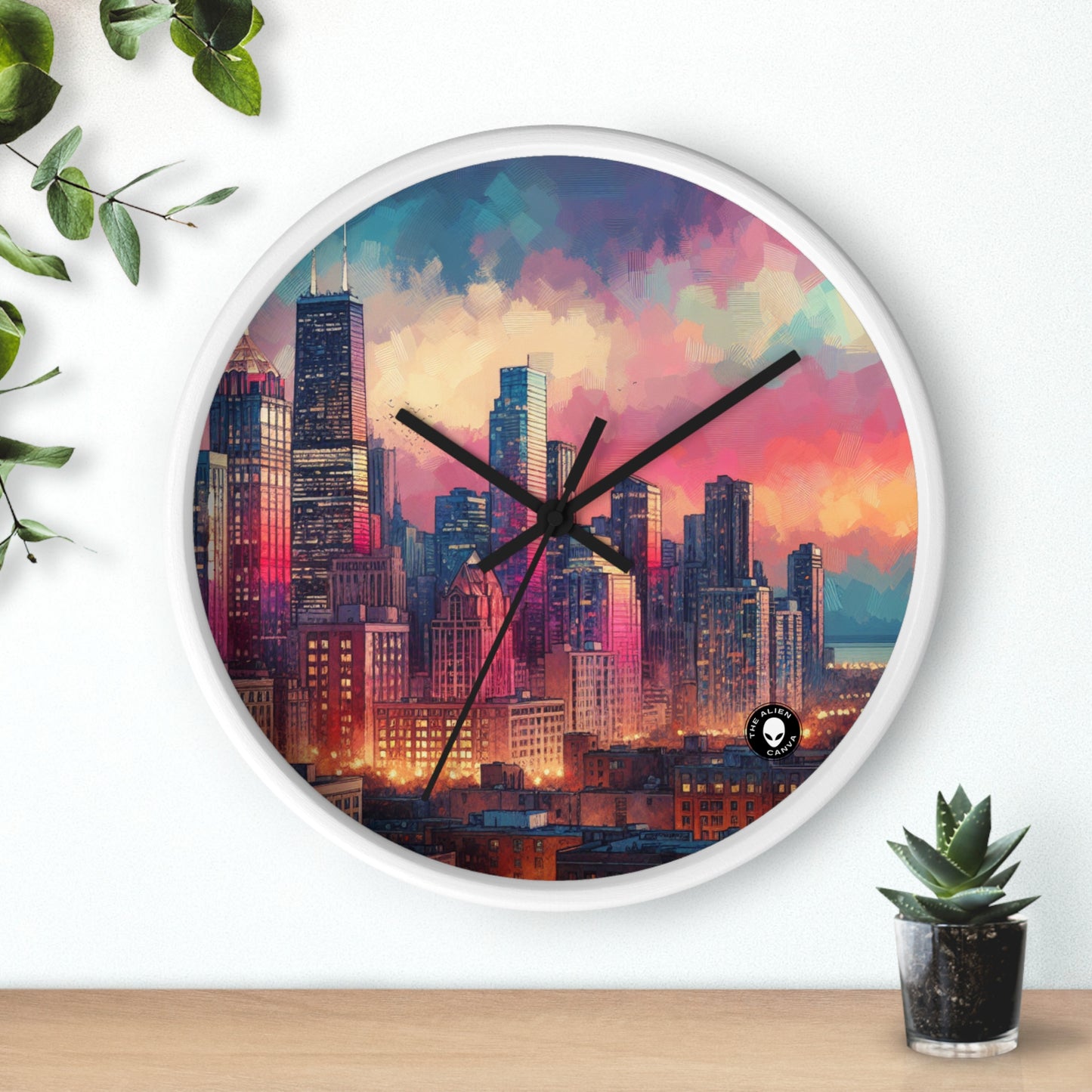 "Dusky Reflections: City Skyline at Sunset" - The Alien Wall Clock