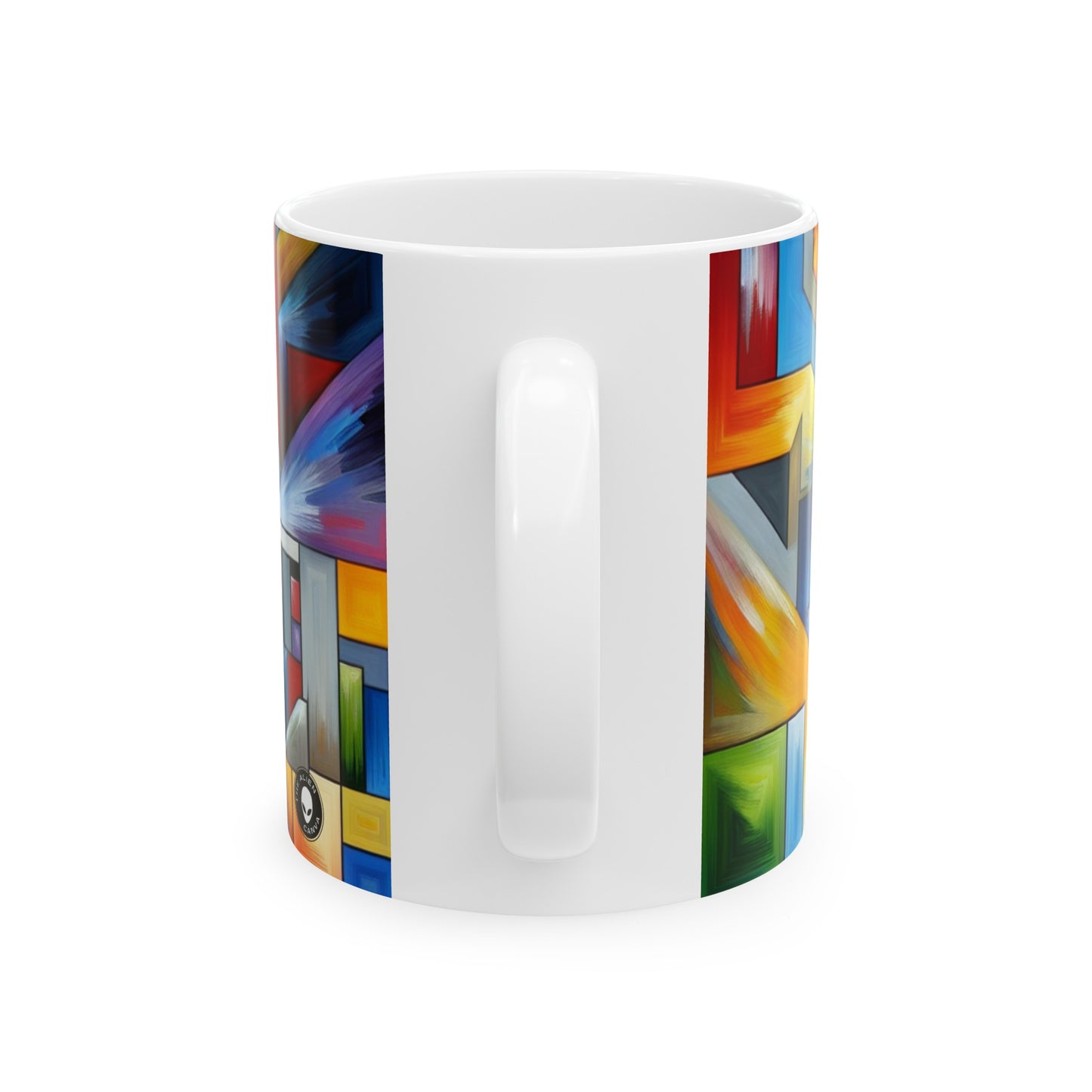 "City Pulse: Un voyage géométrique nocturne vibrant" - La tasse en céramique Alien 11oz Peinture à bords durs