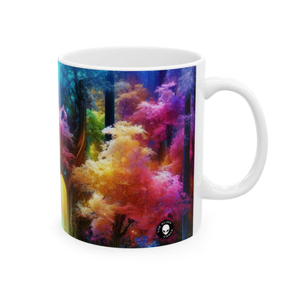 "Bosque arcoíris encantado: puerta de entrada al reino invisible" - Taza de cerámica alienígena de 11 oz