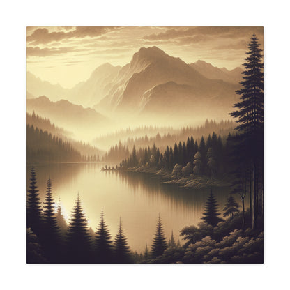 "Dawn at the Lake: A Foggy Mountain Morning" - The Alien Canva Tonalism Style