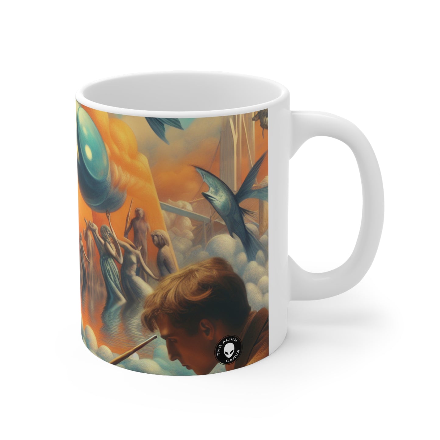 Sueños caprichosos: desafiando la gravedad en el abismo celestial - La taza de cerámica alienígena 11oz Surrealismo