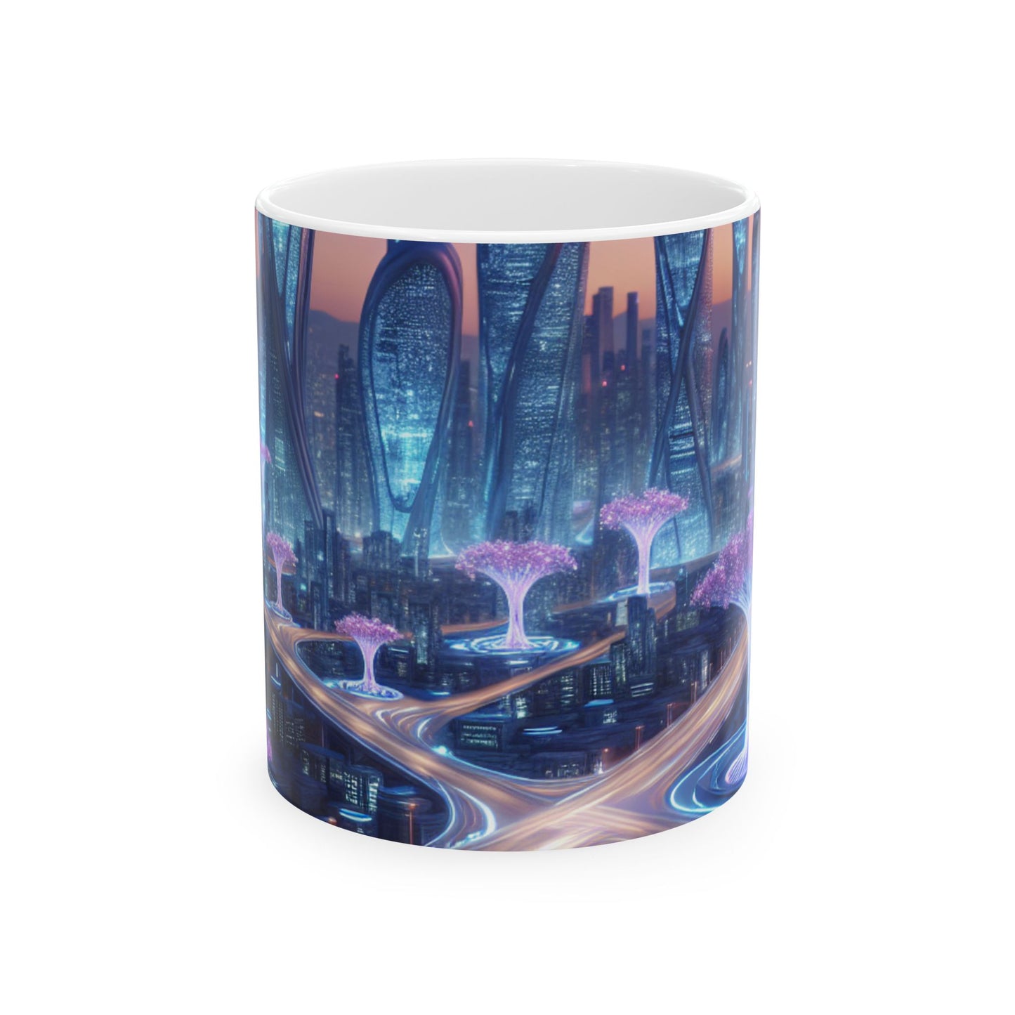 "La ciudad del mañana: naturaleza y tecnología entrelazadas" - Taza de cerámica The Alien de 11 oz