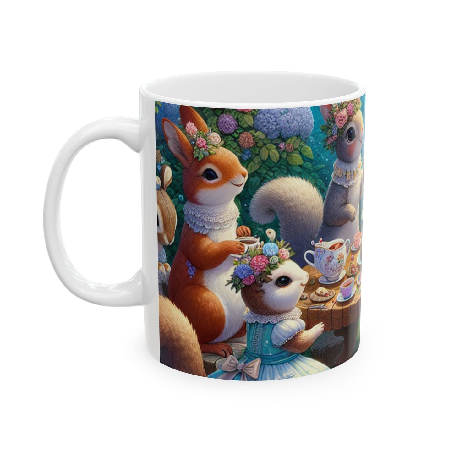 "Fiesta de té encantada en el claro del bosque" - Taza de cerámica alienígena de 11 oz