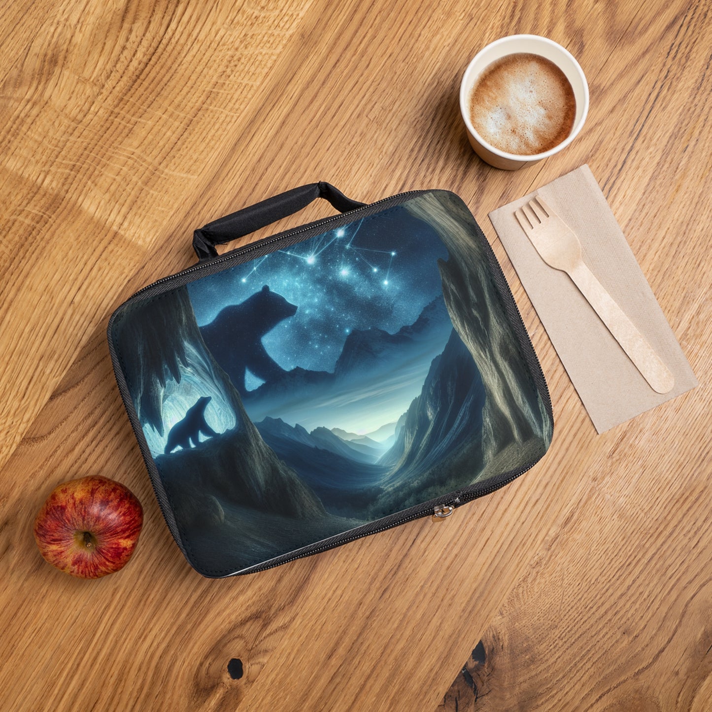 "L'ours et l'équilibre cosmique" - Le style de peinture rupestre du sac à lunch Alien