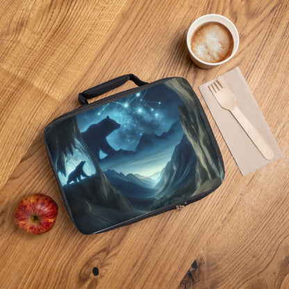 "L'ours et l'équilibre cosmique" - Le style de peinture rupestre du sac à lunch Alien