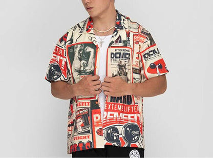 Retro Fitness Poster Spring And Summer Printed Stand-up Collar Breathable Short-sleeved Shirt