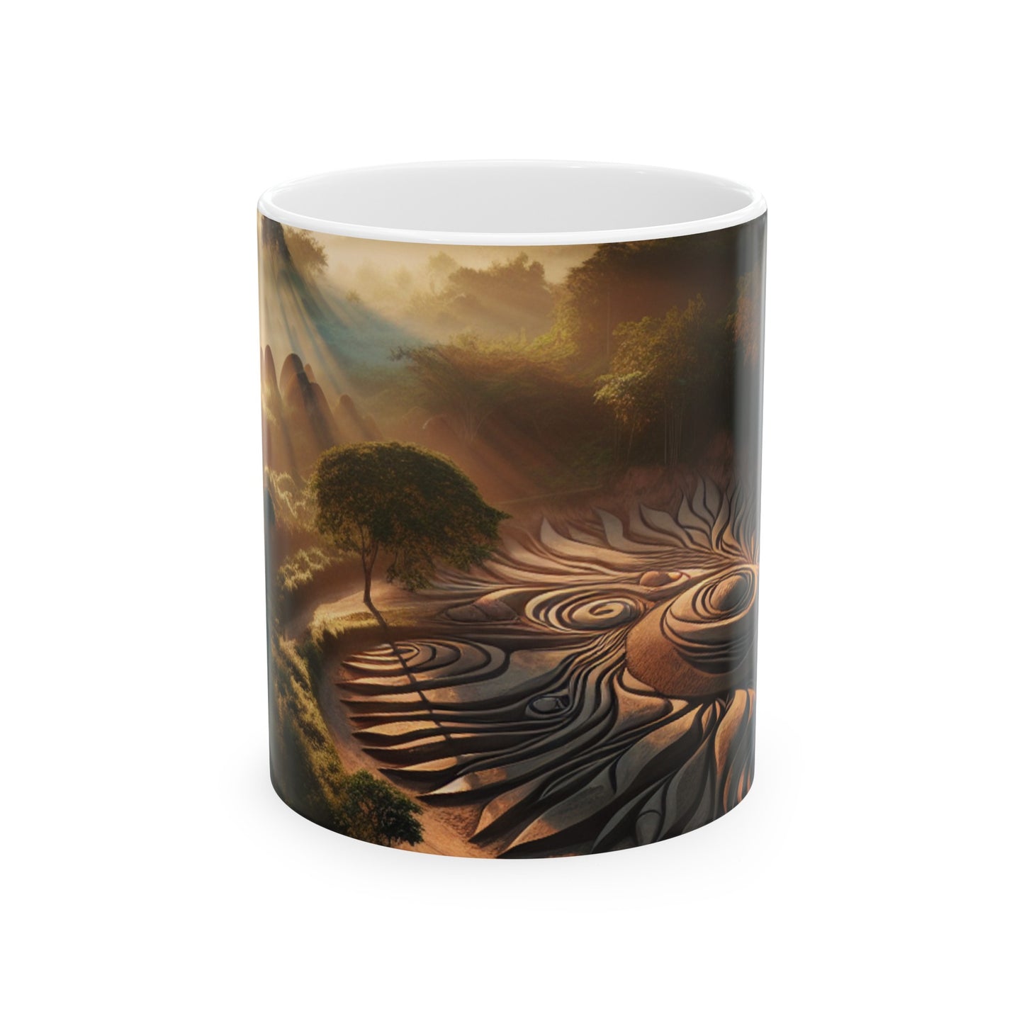 "Tapisserie de la Nature : Installation d'Art Géométrique Harmonieuse" - The Alien Mug en Céramique 11oz Land Art