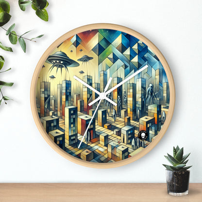 "Cubisme dans une ville futuriste envahie par des extraterrestres". - The Alien Wall Clock Une ville futuriste envahie par des extraterrestres dans un style artistique cubiste