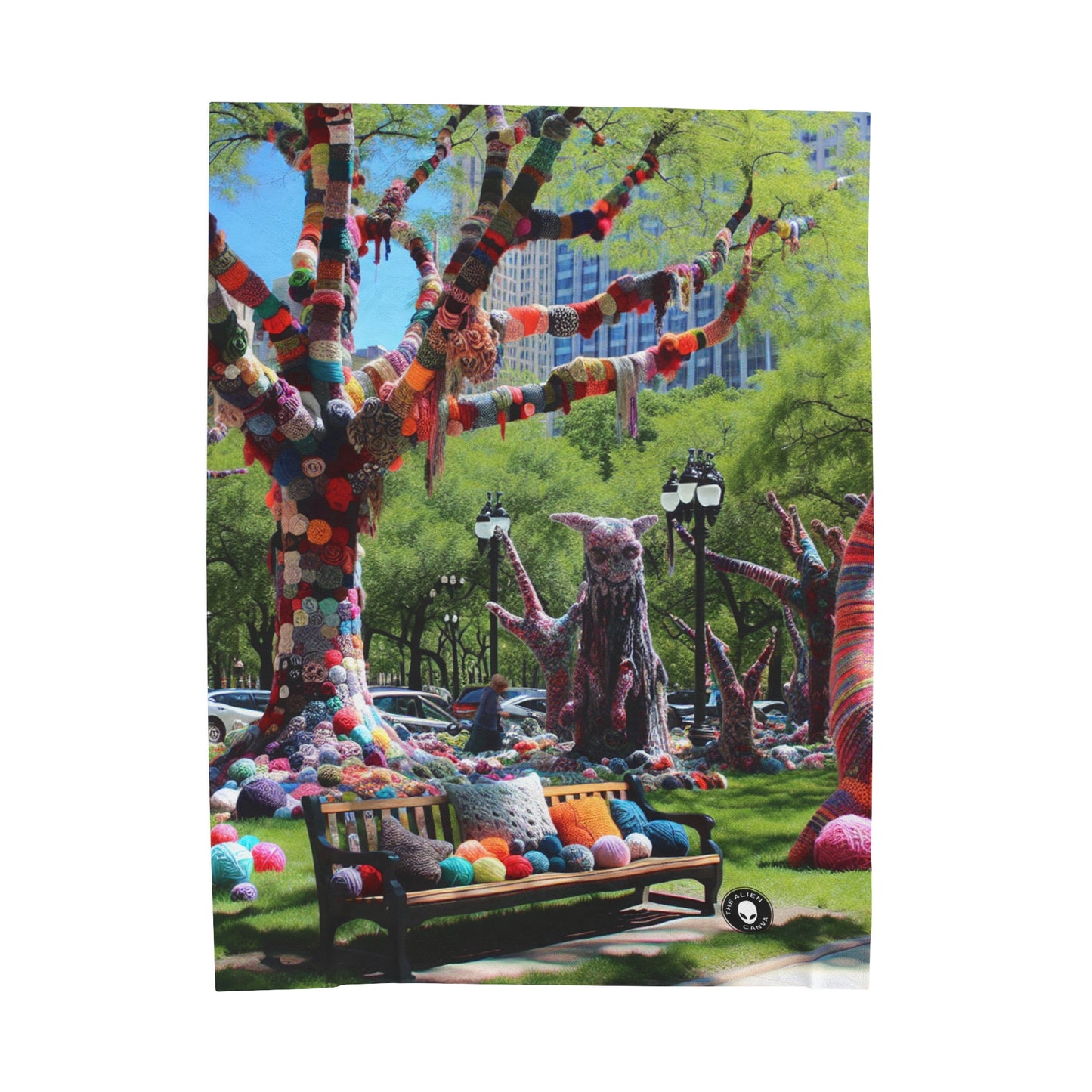 Titre : « Yarnscaped City : A Whimsical Fiber Art Fusion » – The Alien Velveteen Peluche Couverture Yarn Bombing (Fiber Art)