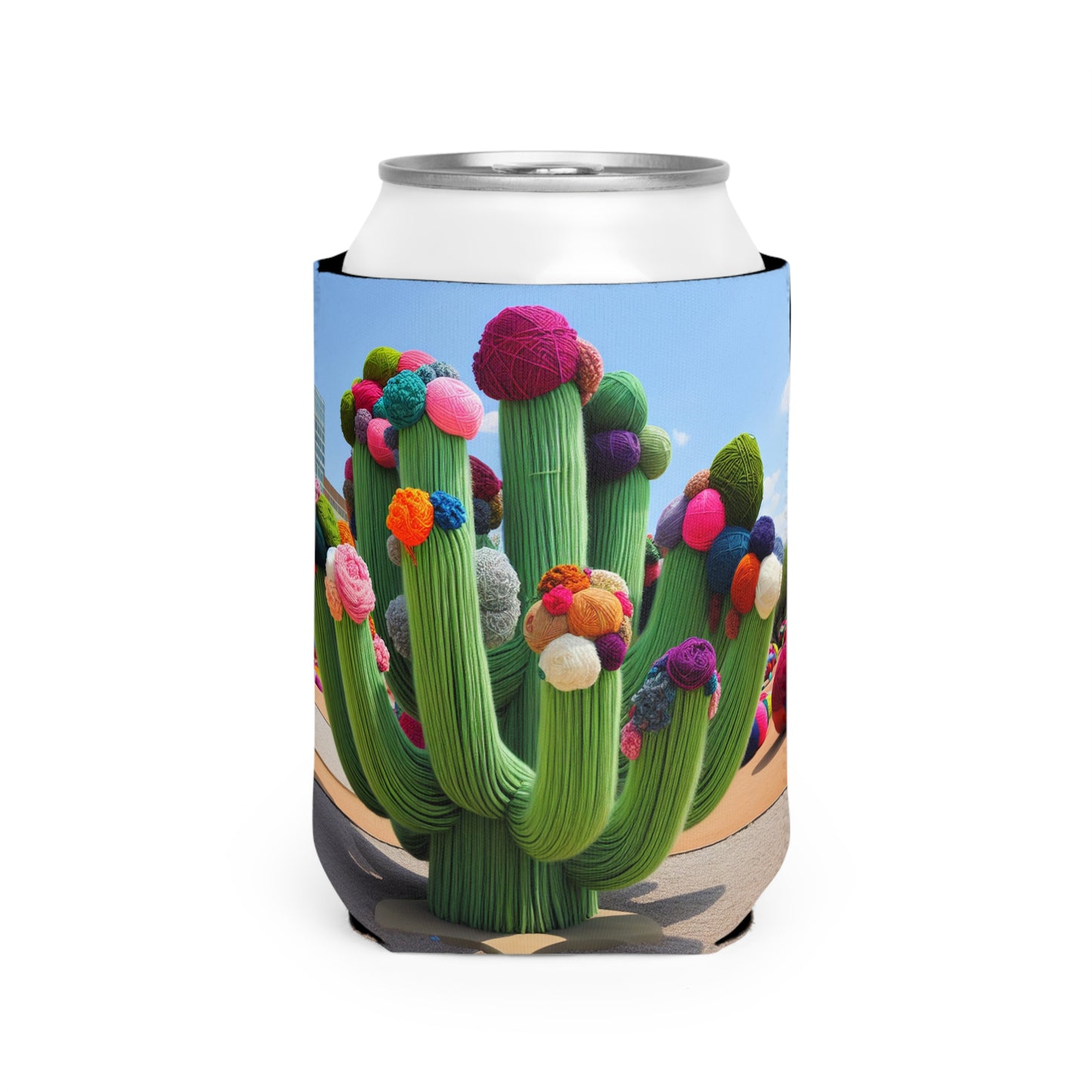 "Yarn-Filled Cacti in the Sky" - The Alien Can Cooler Sleeve Yarn Bombing (Fiber Art) Style