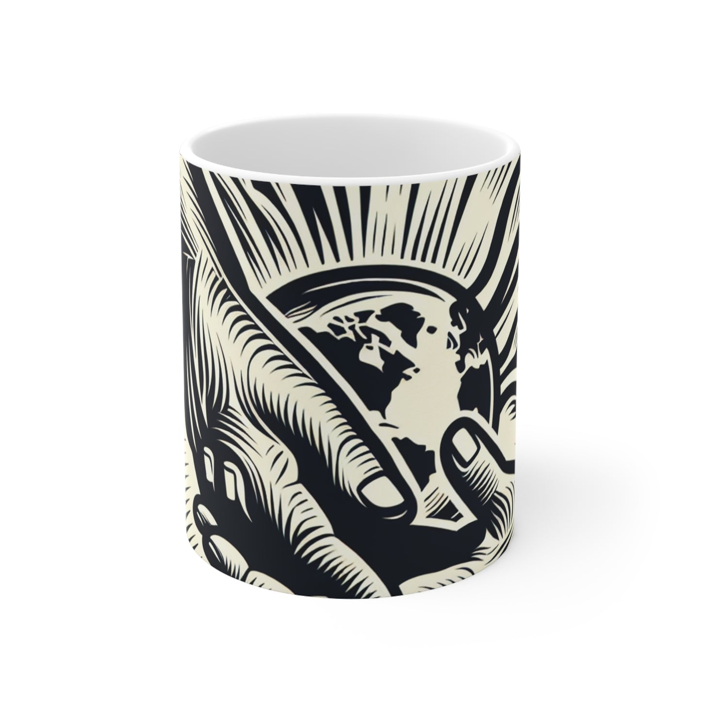 "Uniting Hands, Uniting Nations" - The Alien Ceramic Mug 11oz Woodcut Printing Style