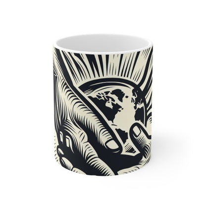 "Uniting Hands, Uniting Nations" - Taza de cerámica alienígena, estilo de impresión en madera de 11 oz