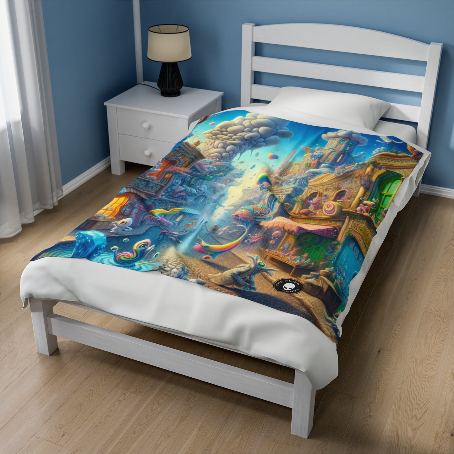 "Whimsical Wonders: A Vibrant Street Scene" - The Alien Velveteen Plush Blanket