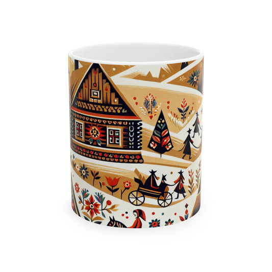 "Ukrainian Village Symphony: A Colorful Folk Art Reflection" - The Alien Ceramic Mug 11oz Folk Art