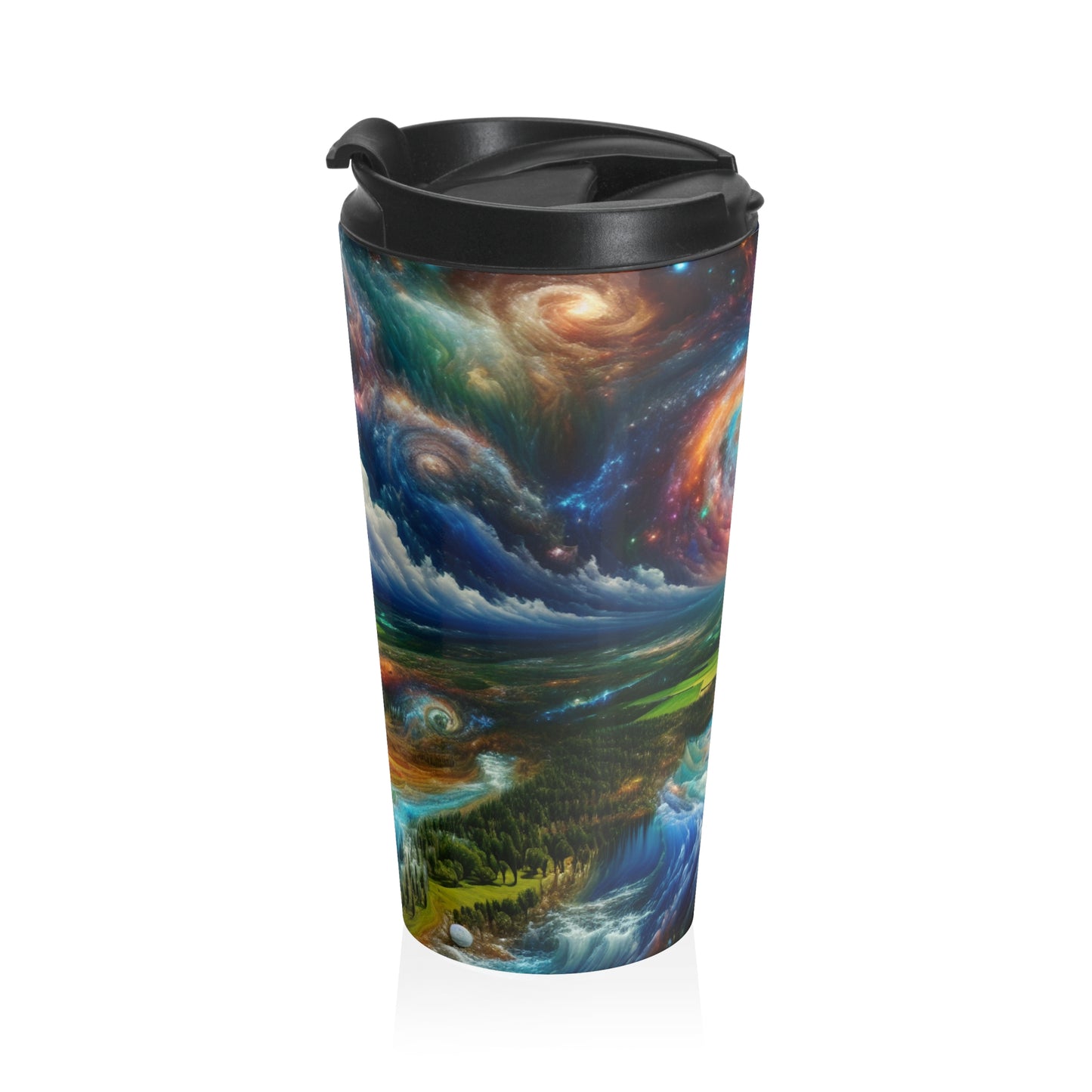 "Galactic Patchwork: A Surreal Landscape" - The Alien Stainless Steel Travel Mug