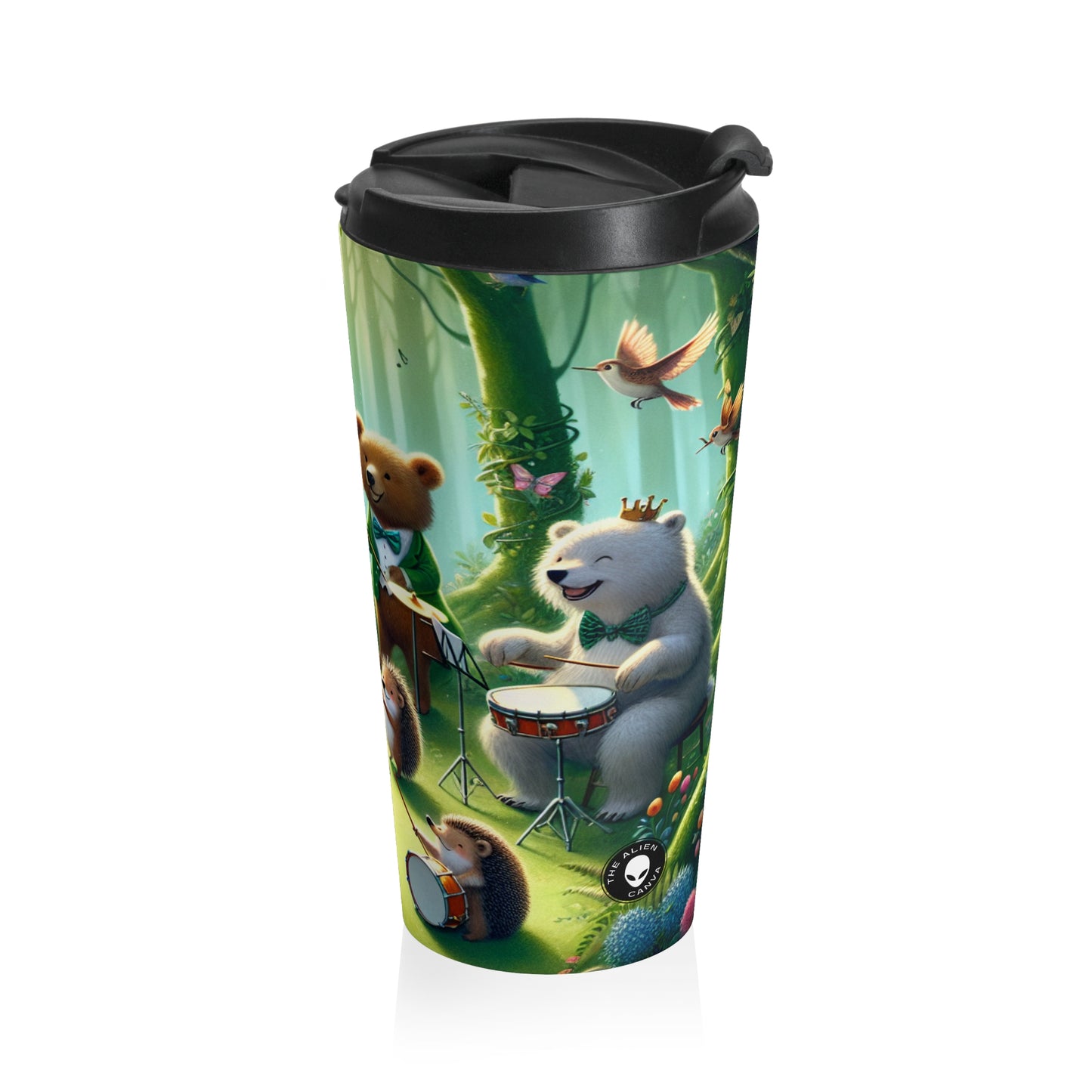 "Melodious Menagerie: Animales musicales en el bosque encantado" - Taza de viaje de acero inoxidable The Alien