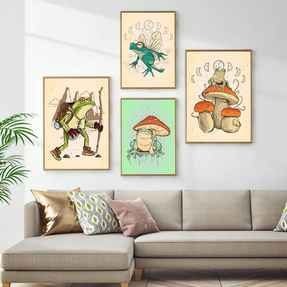 Póster de pared con pintura en lienzo de setas y ranas para decoración del hogar