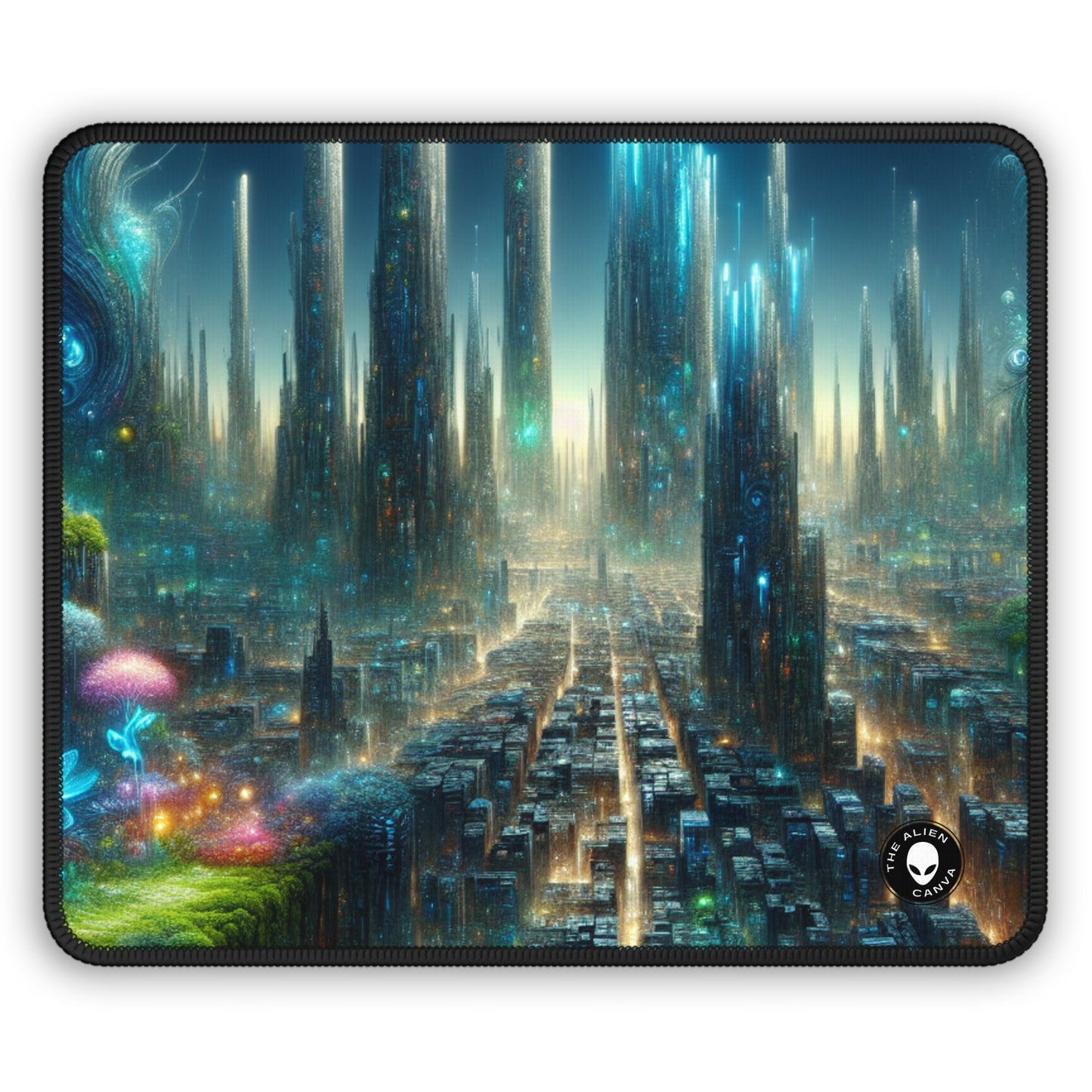 "Neon Oasis: A Futuristic Urban Wonderland" - The Alien Gaming Mouse Pad