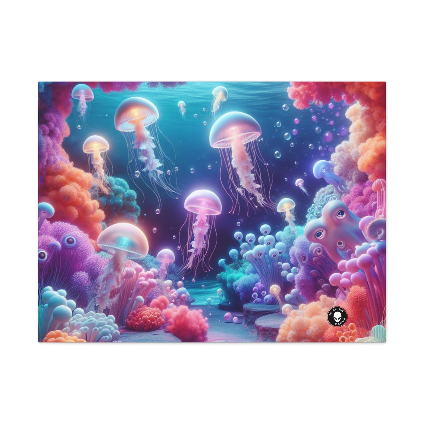 Enchanting Underwater Realm: Glowing Jellyfish and Curious Octopus - The Alien Canva