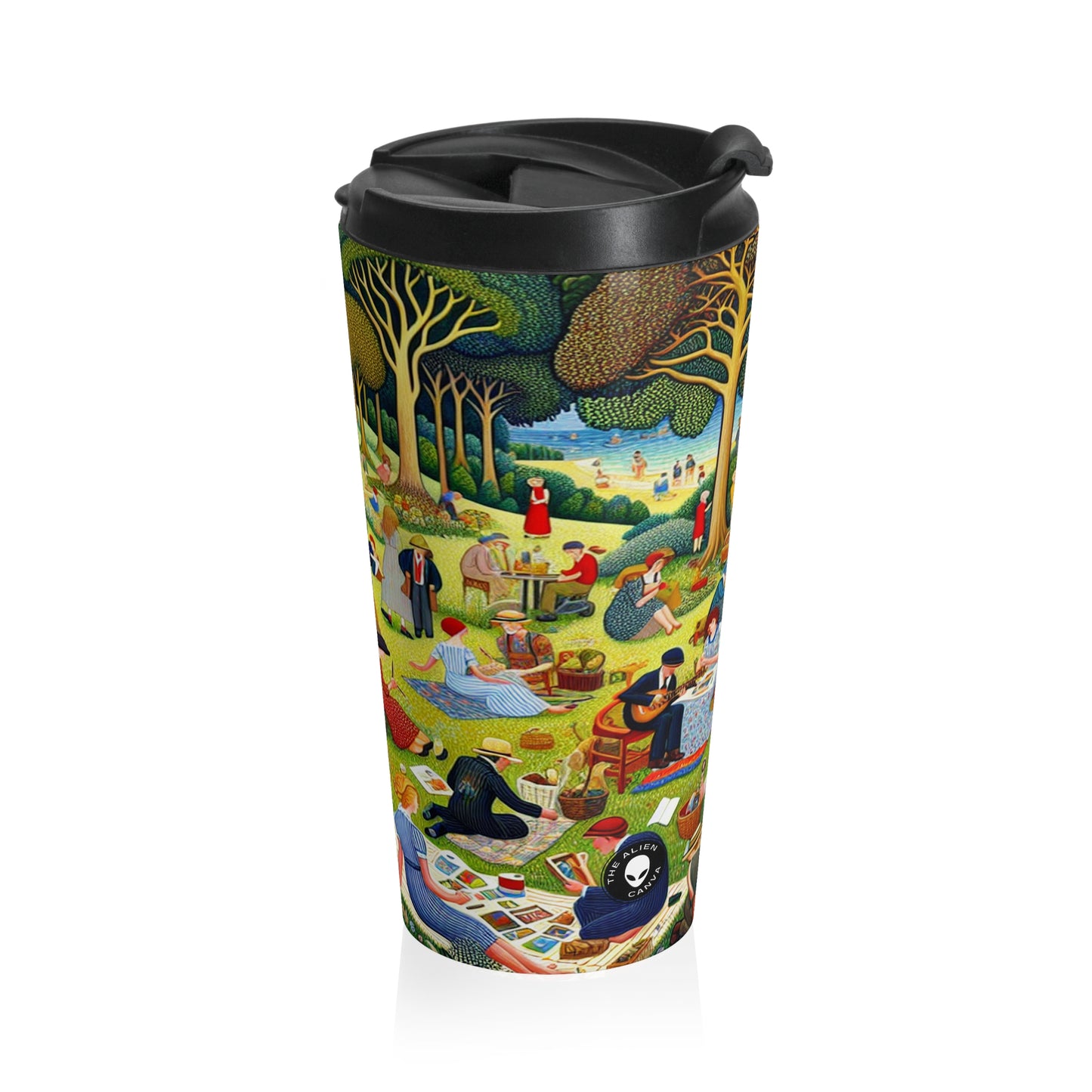 "Whimsical Village Delights" - Mug de voyage en acier inoxydable The Alien Naïve Art