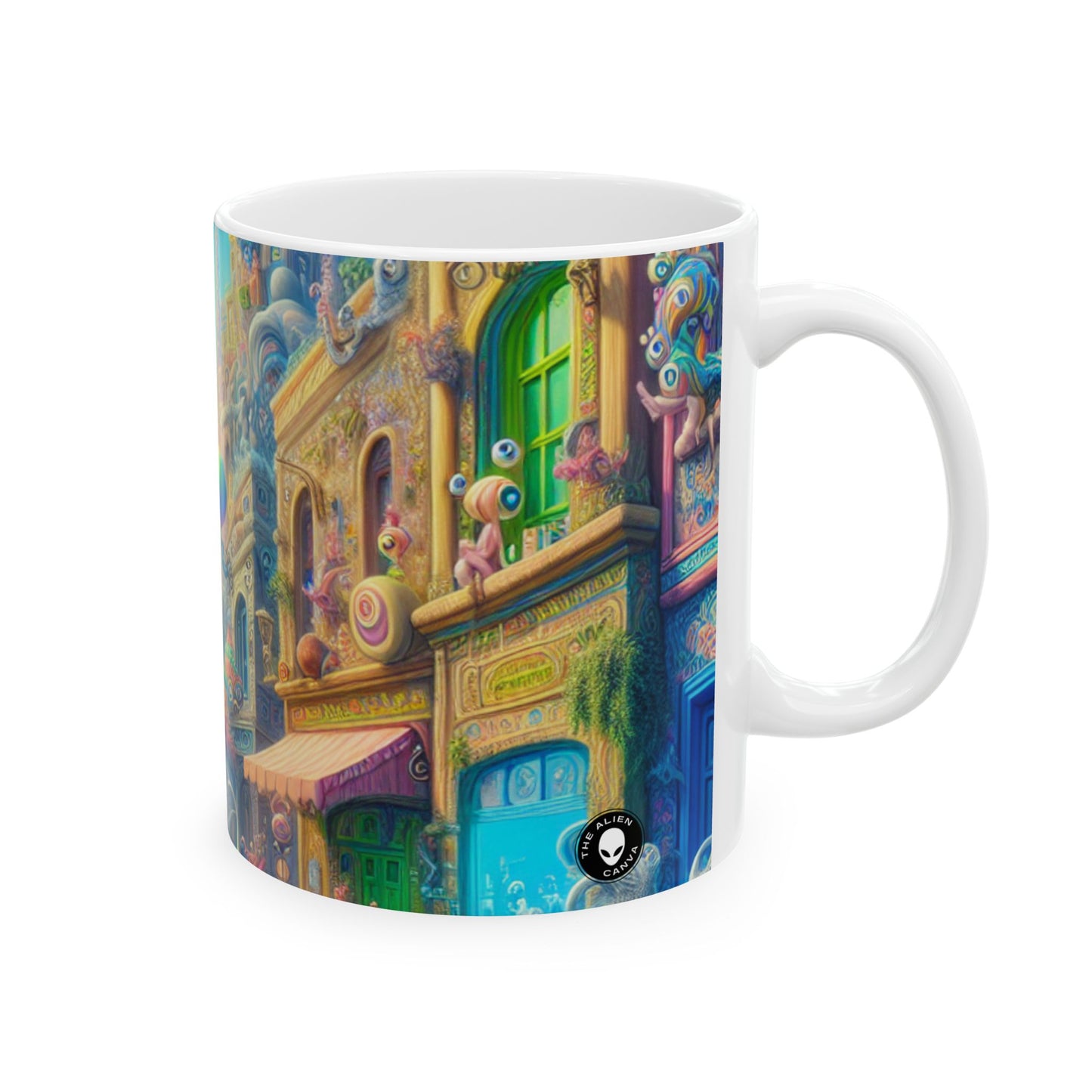 "Whimsical Wonders: A Vibrant Street Scene" - The Alien Ceramic Mug 11oz