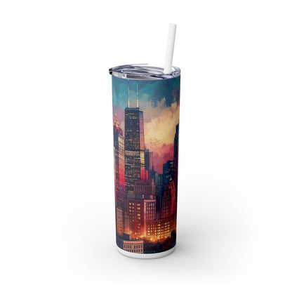 "Dusky Reflections: City Skyline at Sunset" - The Alien Maars® Skinny Tumbler with Straw 20oz