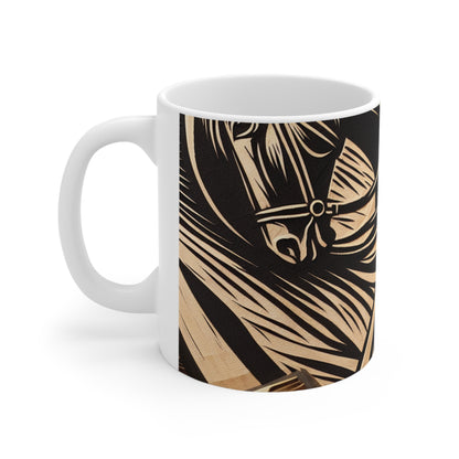 "Enchanting Shadows: A Woodcut Print of the Dancing Northern Lights" - The Alien Ceramic Mug 11oz Woodcut Printing