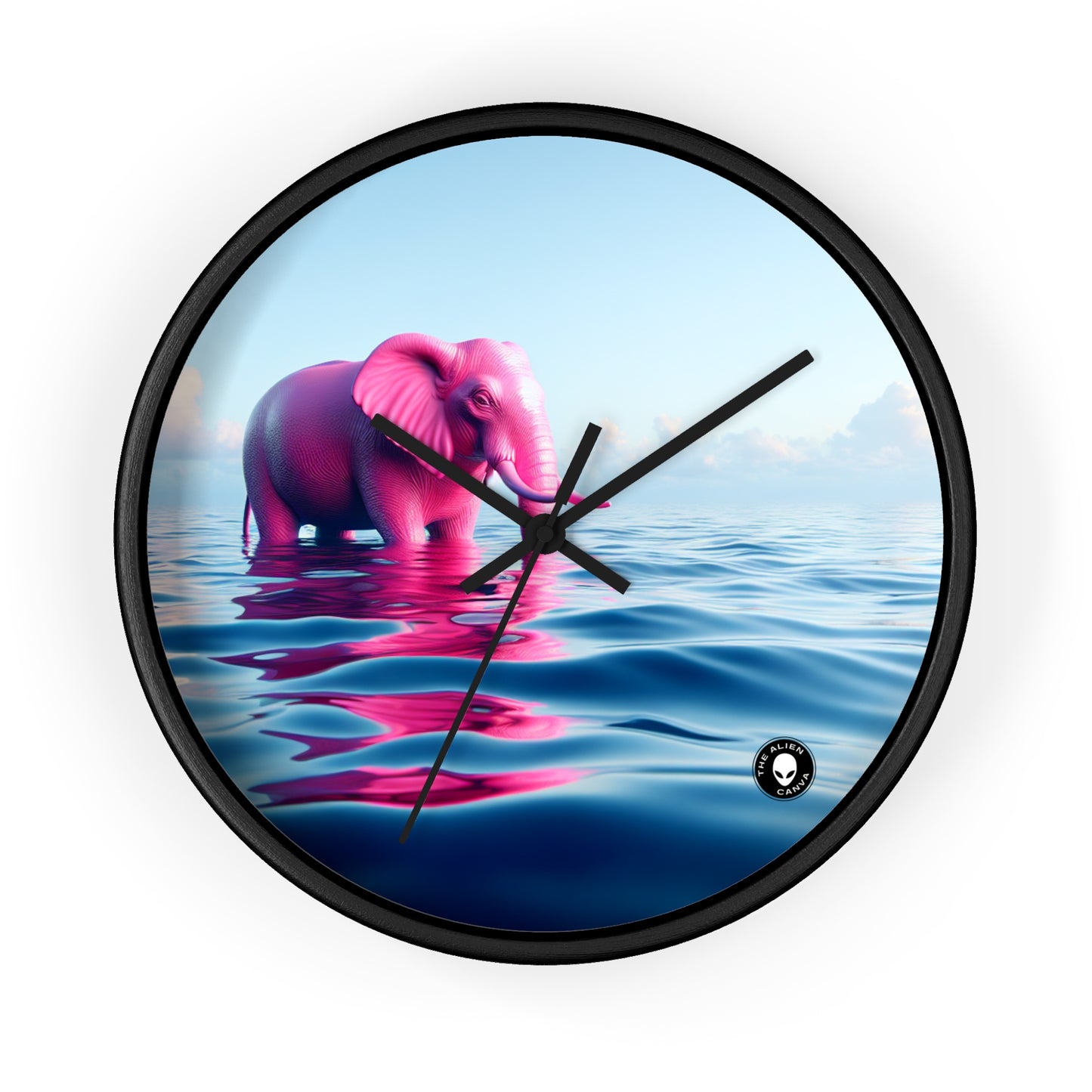 "L'éléphant rose dans la mer d'un bleu profond" - L'horloge murale extraterrestre Un éléphant rose flottant dans l'océan