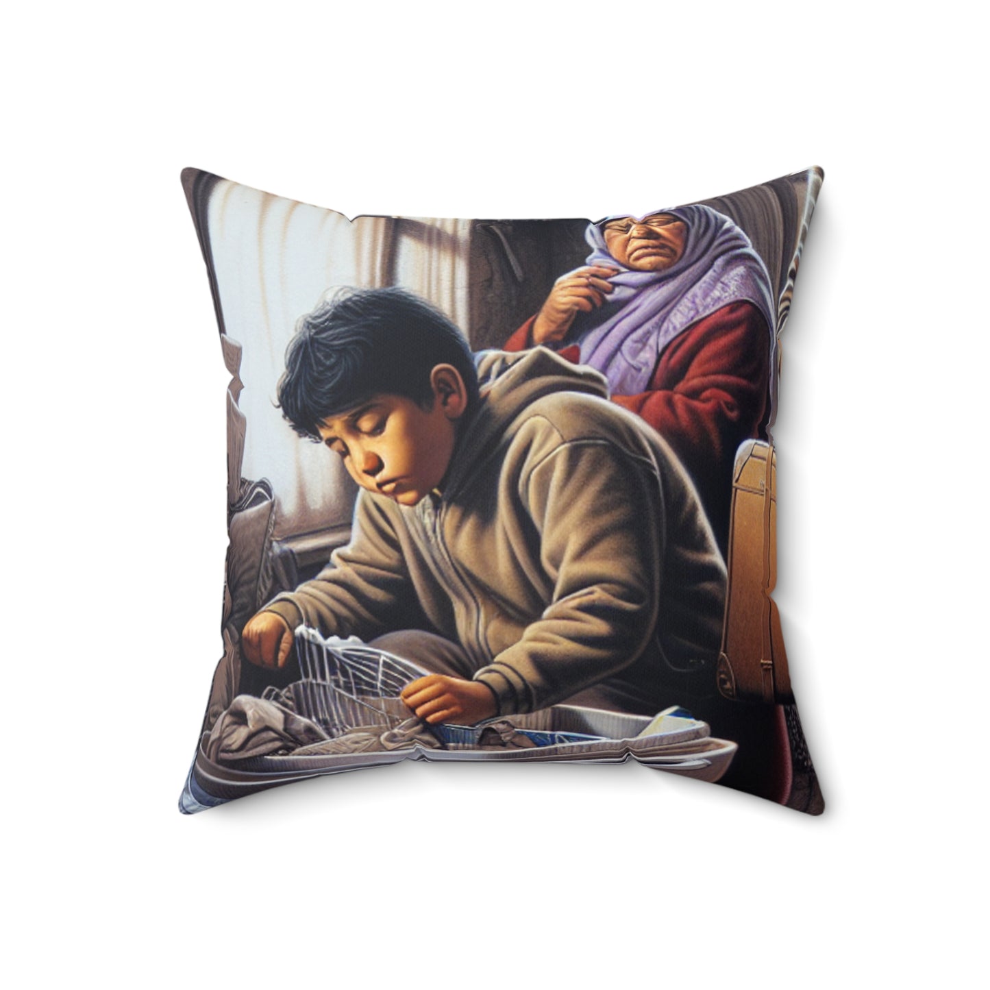 "Uprooted: A Portrait of Displacement" - The Alien Spun Polyester Square Pillow Social Realism