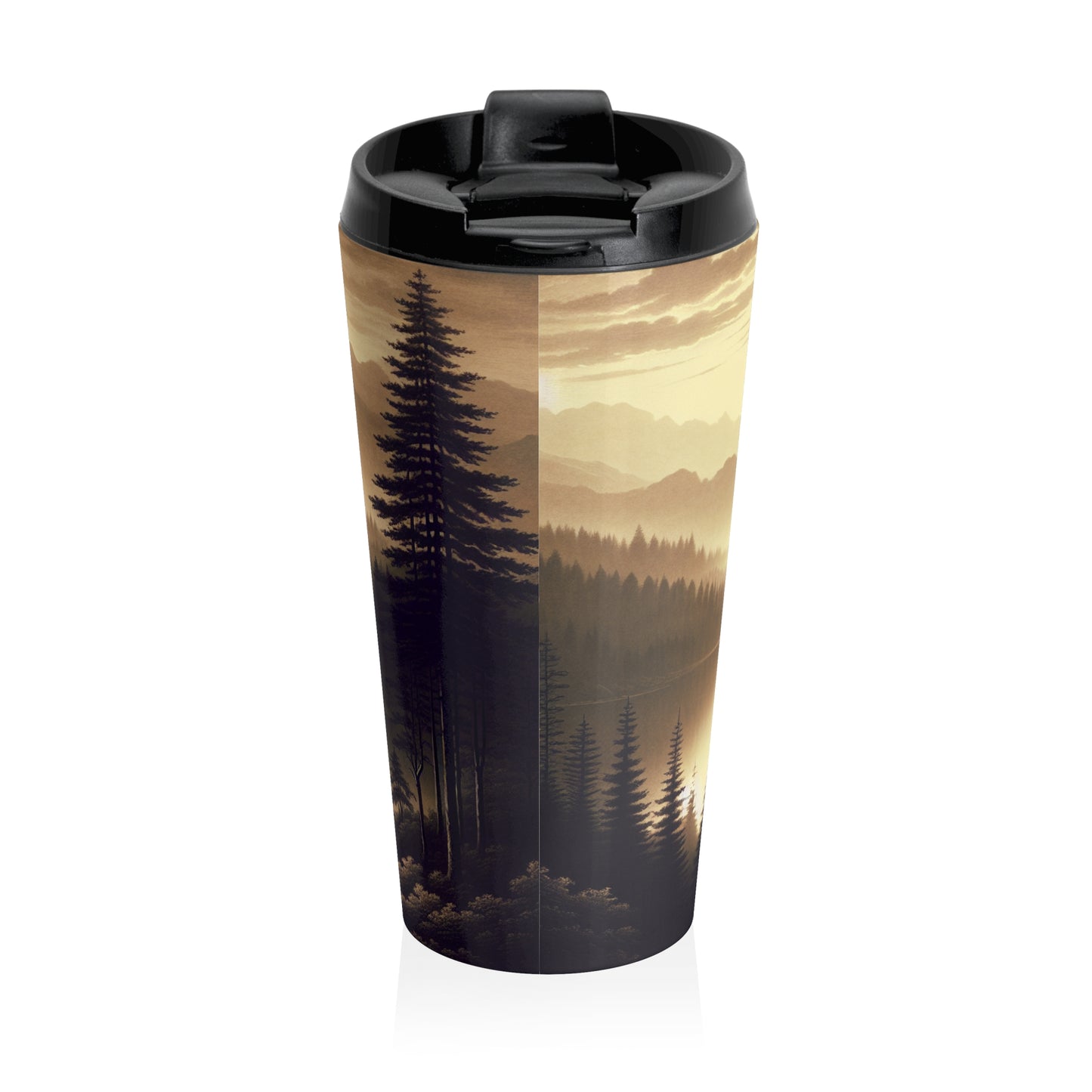 "Dawn at the Lake: A Foggy Mountain Morning" - Taza de viaje de acero inoxidable estilo tonalismo The Alien