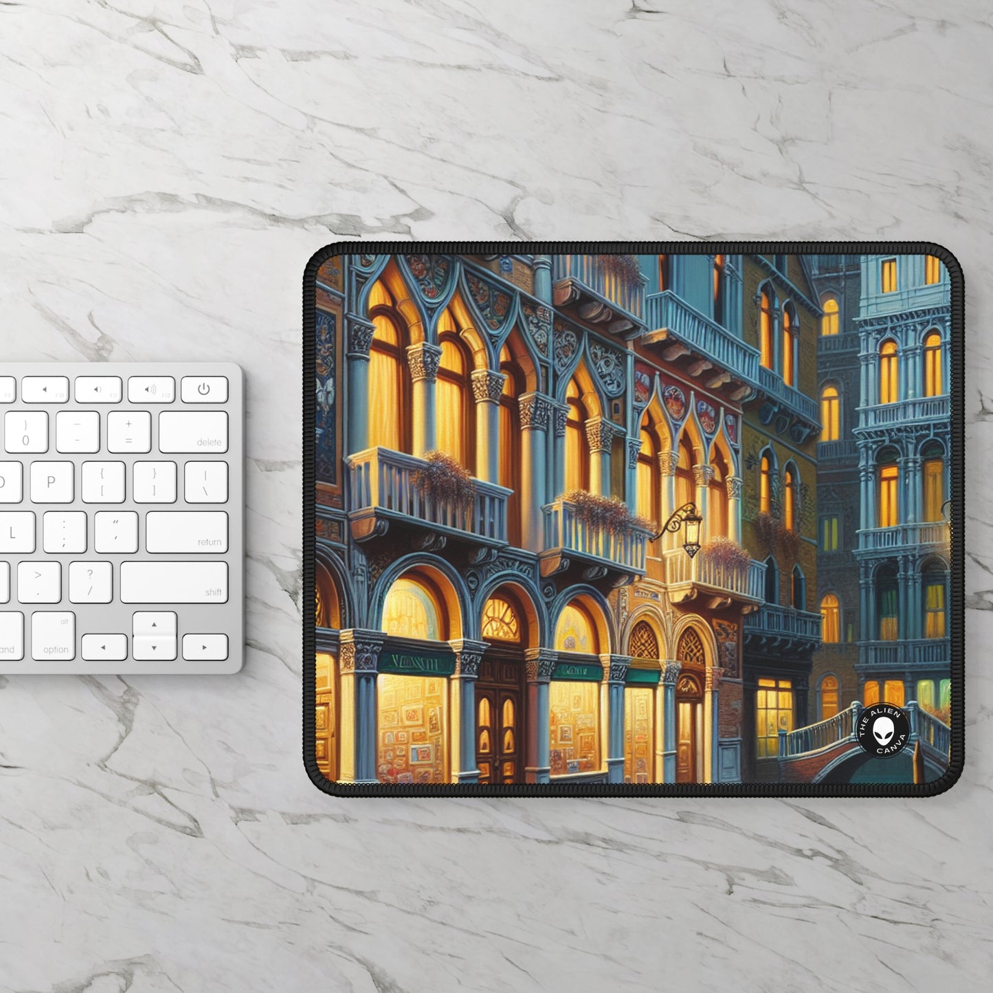 "Noche veneciana: una escena callejera luminosa" - The Alien Gaming Mouse Pad Escuela veneciana