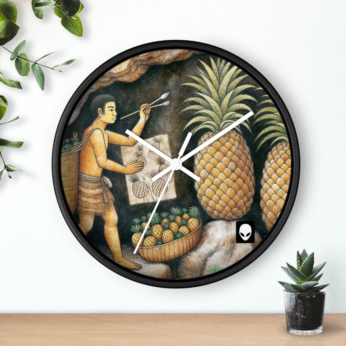 "Cosecha de piñas" - El reloj de pared alienígena estilo pintura rupestre