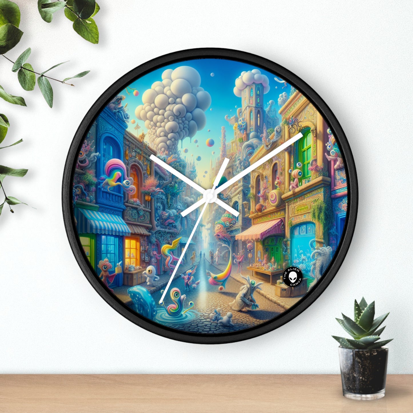 "Whimsical Wonders: A Vibrant Street Scene" - The Alien Wall Clock