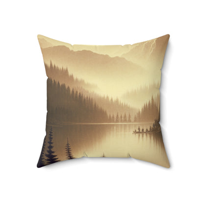 "Dawn at the Lake: A Foggy Mountain Morning" - Estilo tonalista de almohada cuadrada de poliéster hilado alienígena